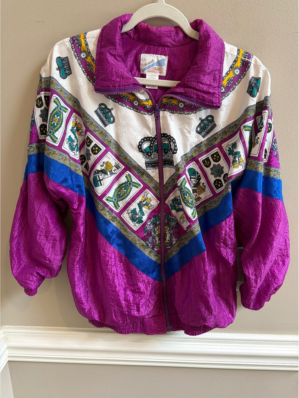 VTG 80s-90s Resort Bay Nylon Track Jacket Crown Card Baroque Print Large
